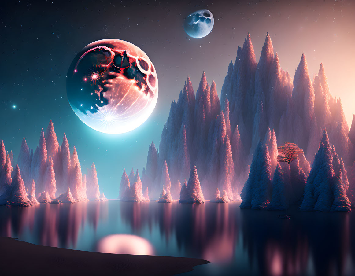 Snow-covered trees, tranquil lake, and celestial bodies in surreal landscape