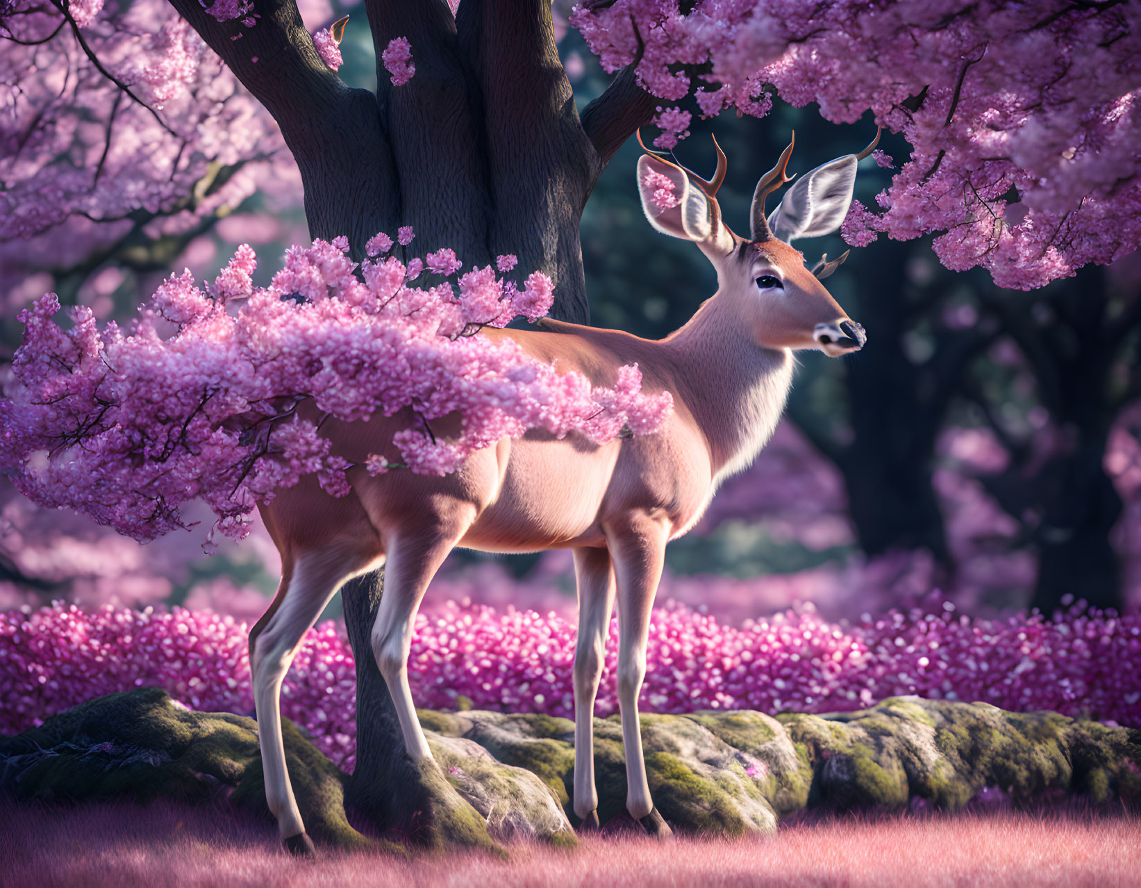 Majestic deer in pink cherry blossoms with sunlight filtering.