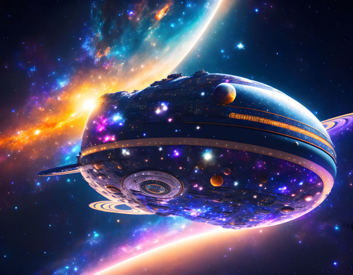 Futuristic spaceship with glowing lights in colorful space scene