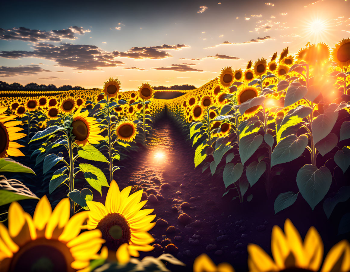 Sunflower Field Sunset with Golden Sunlight Streaming
