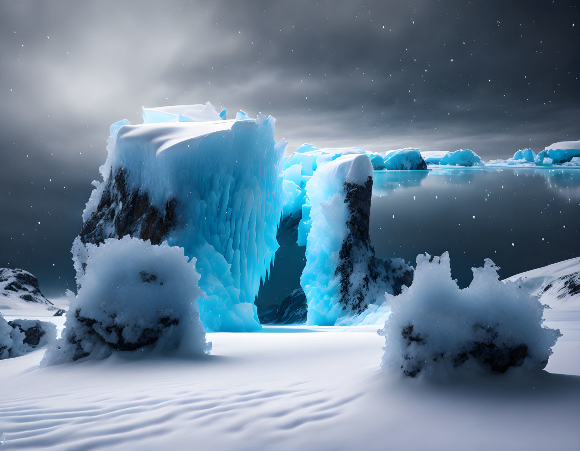 Glowing blue iceberg in serene arctic night scene