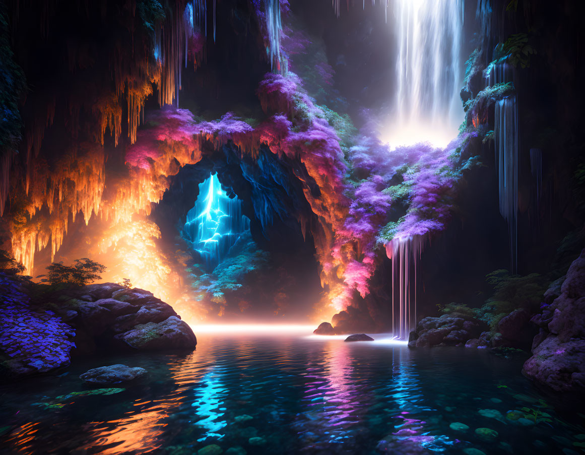 Mystical cave with blue core, pink foliage, waterfalls, reflective surface
