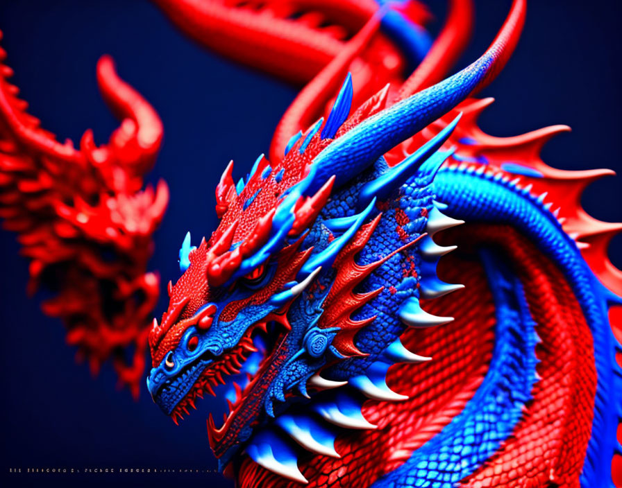 Detailed Red and Blue Dragon Model with Sharp Scales and Fierce Eyes