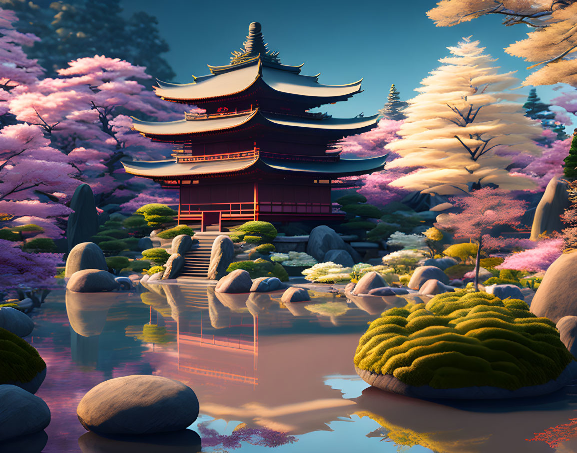 Tranquil Japanese Garden with Cherry Blossoms and Pagoda at Twilight