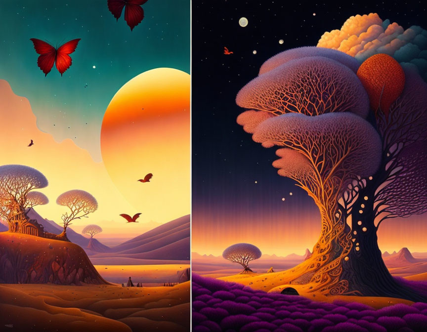 Fantasy landscape with mushroom trees, birds, butterflies, celestial bodies