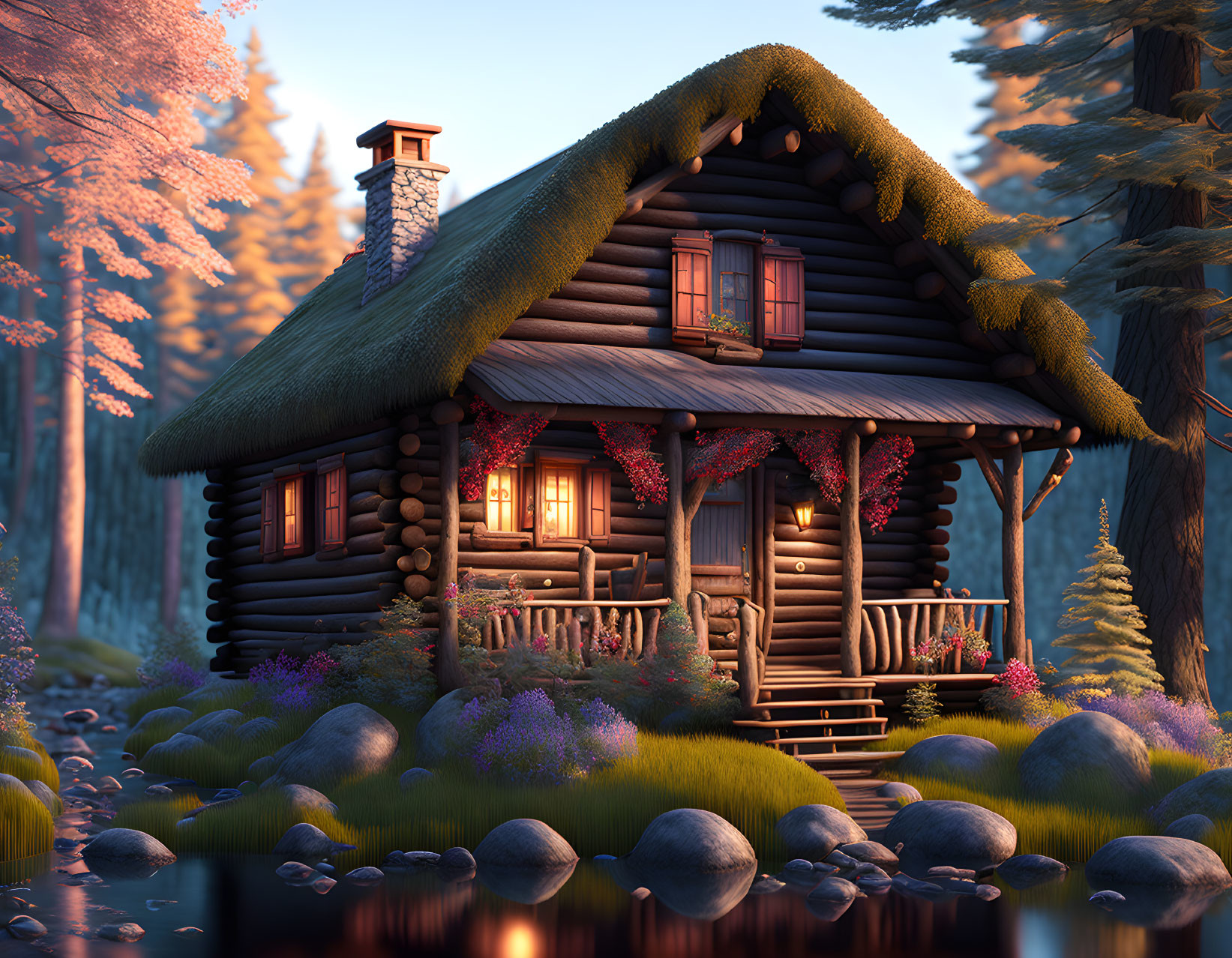 Rustic log cabin in forest with thatched roof at sunset