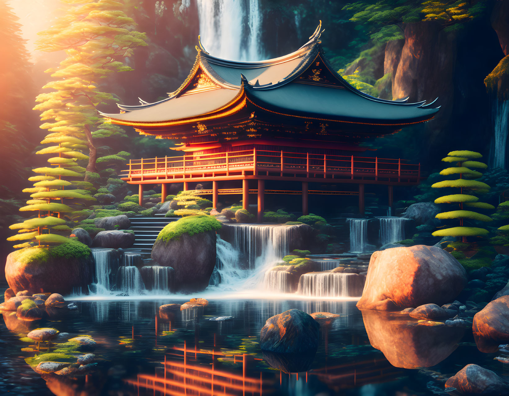 Traditional Asian Pagoda Surrounded by Waterfalls and Greenery