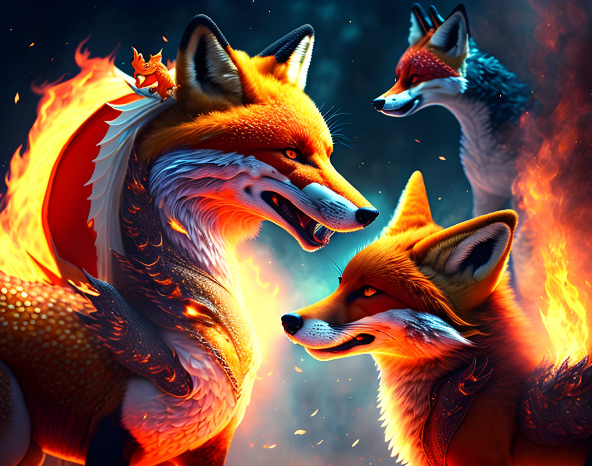 Colorful digital art: Three stylized foxes with fiery elements and a small rider, against ember