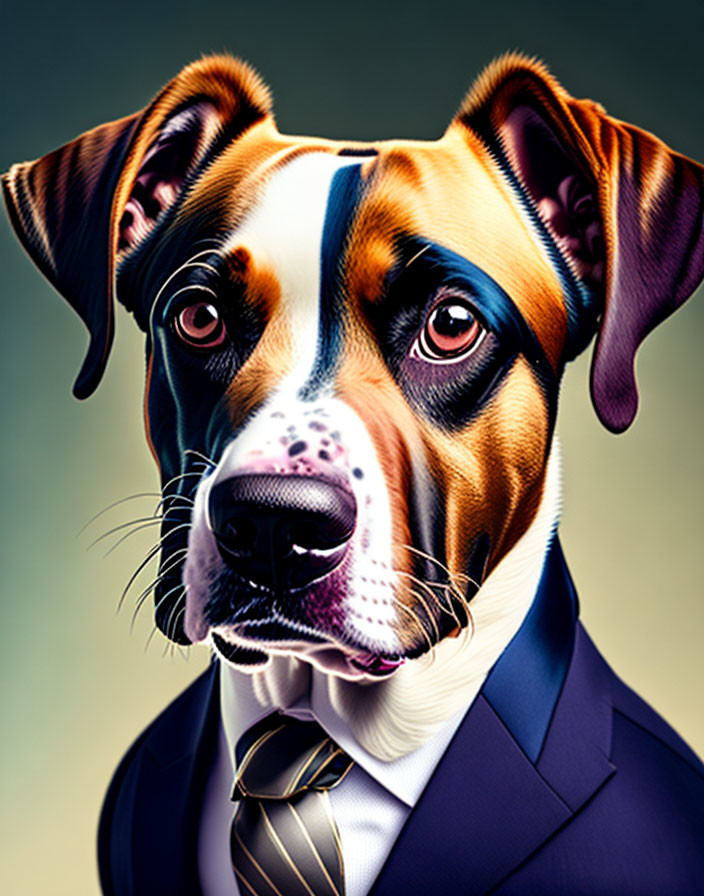 Colorful digital artwork: Dog with human-like body in sharp suit and tie