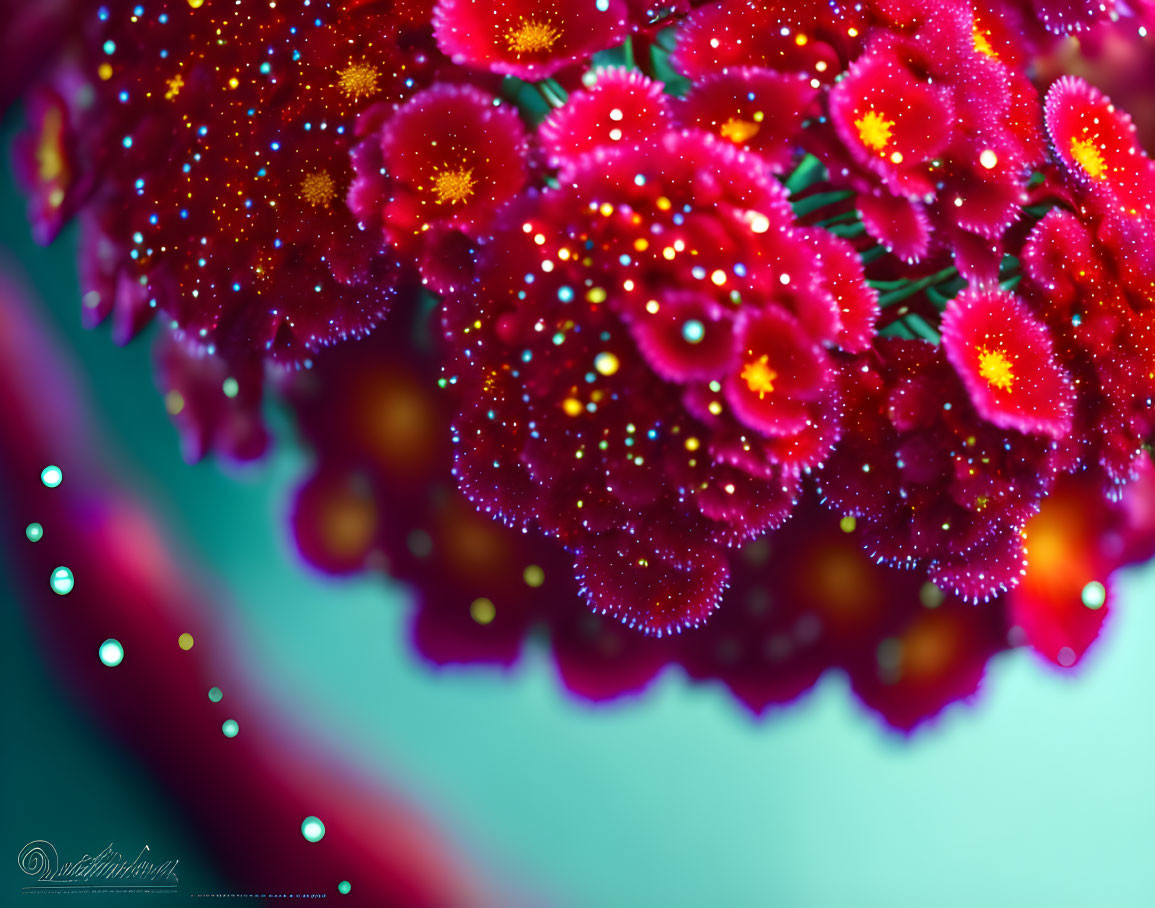 Close-up of pink flowers with dewdrops on green and teal bokeh.