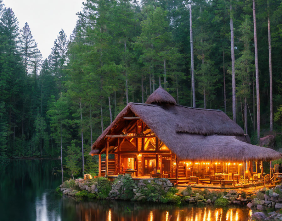 Rustic wooden cabin by tranquil lakeside at dusk