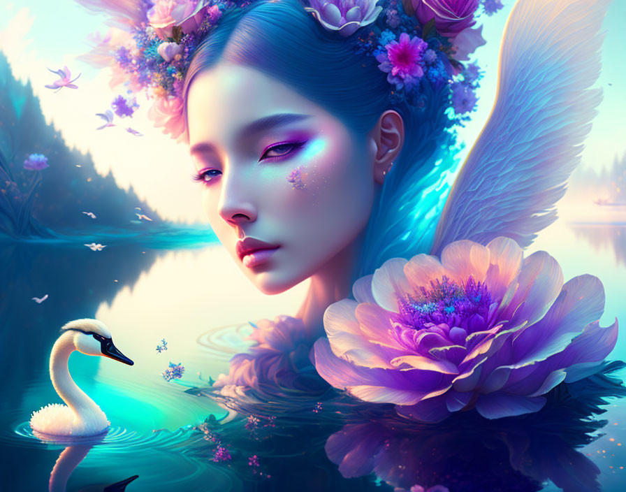 Serene fantasy portrait of woman with floral headdress by tranquil lake