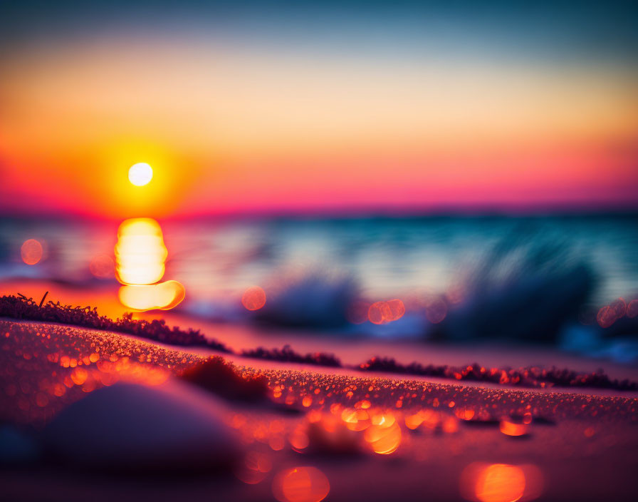Tranquil beach sunset with bokeh effect and glistening water droplets