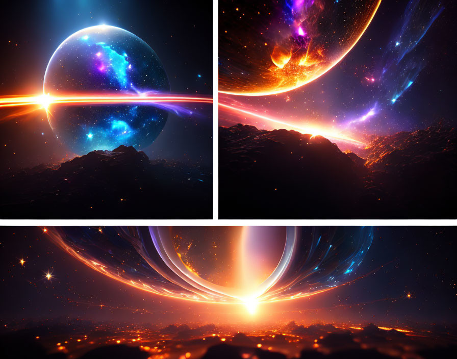 Vibrant cosmic triptych with nebulas, supernovas, and celestial bodies in