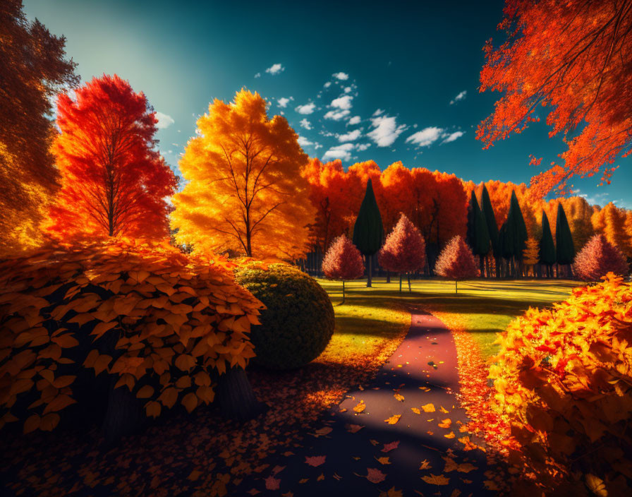 Colorful Autumn Park with Winding Path and Blue Sky