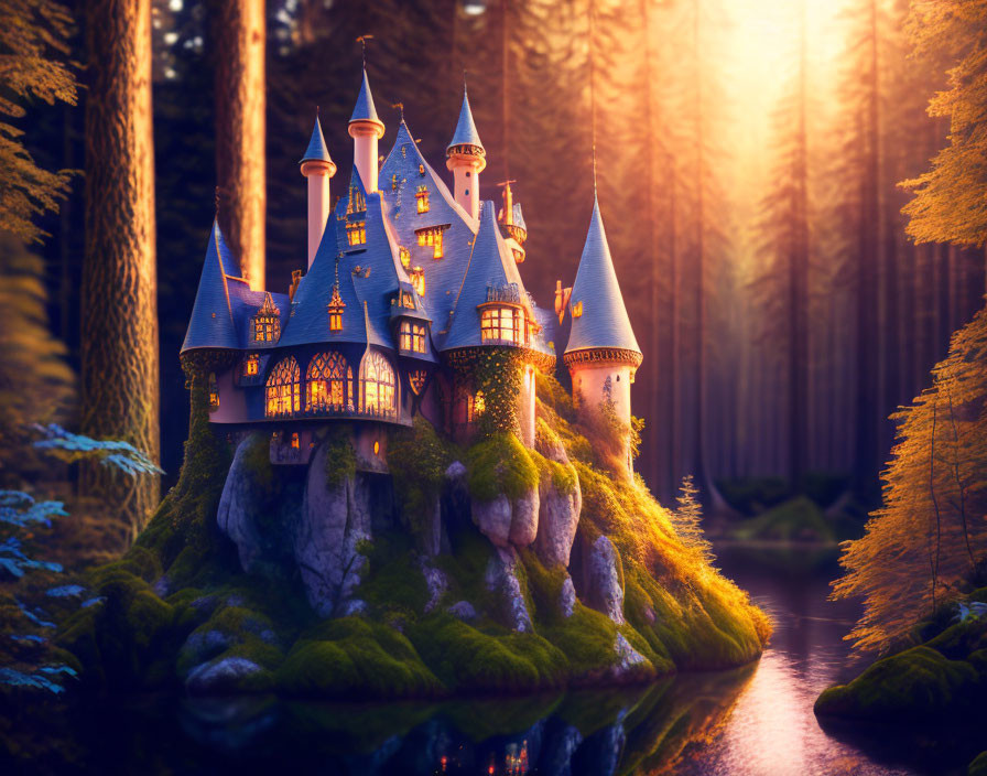 Fairytale castle on lush island in tranquil forest