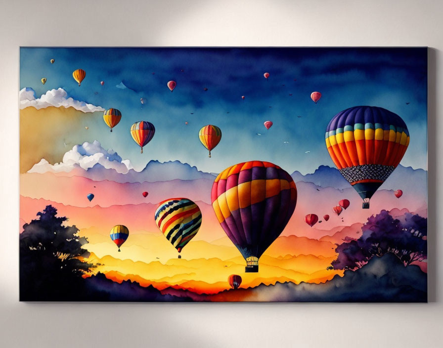 Vibrant sunset sky with colorful hot air balloons in whimsical painting