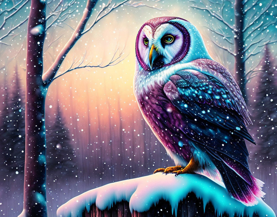 Vibrant Owl Illustration in Snowy Twilight Forest