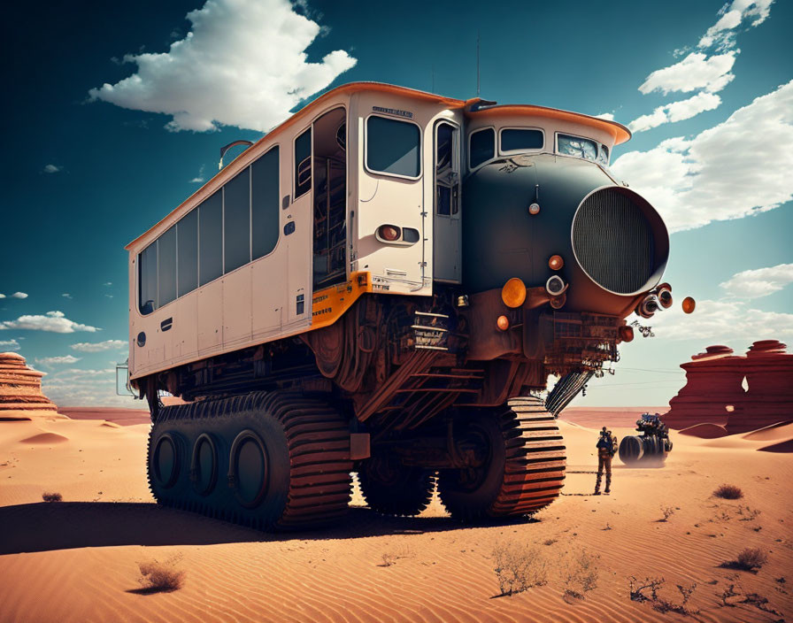 Futuristic desert scene with train-like vehicle and pedestrians