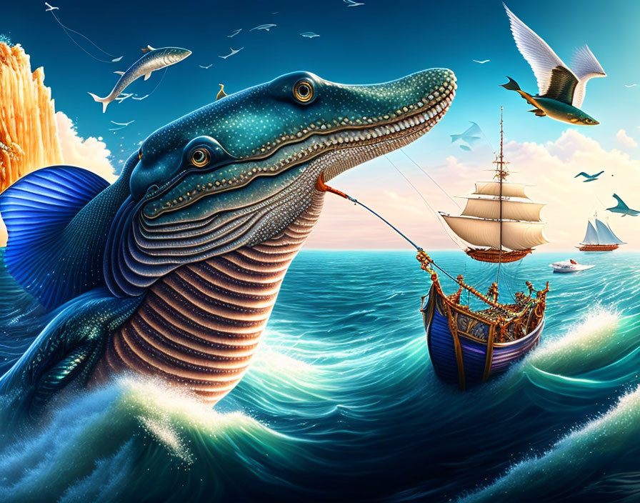 Giant fish with intricate scales and fishing rod in vibrant seascape.
