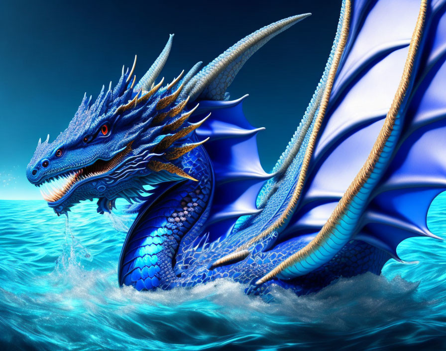 Majestic blue dragon with red eyes and white wings emerging from ocean waters
