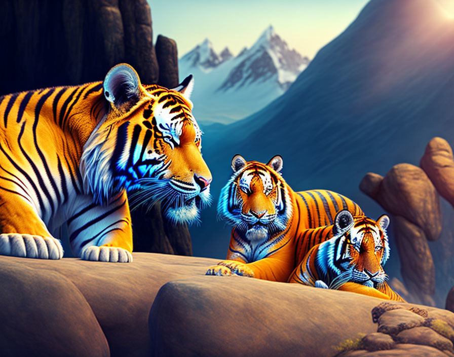 Group of Tigers Resting on Rocky Outcrop with Snow-Capped Mountains