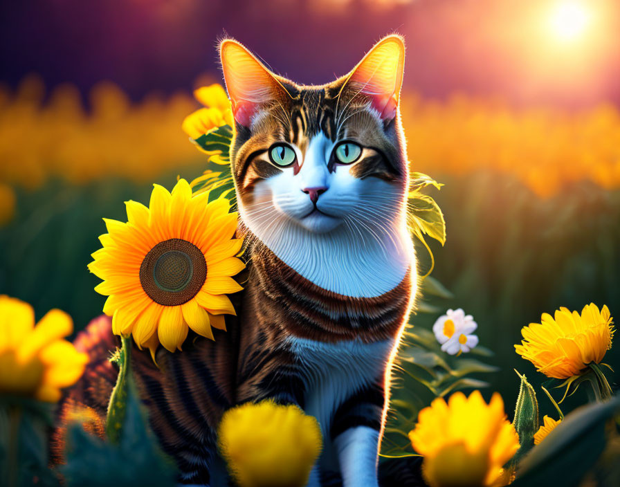 Striped cat among vibrant sunflowers in sunset scene