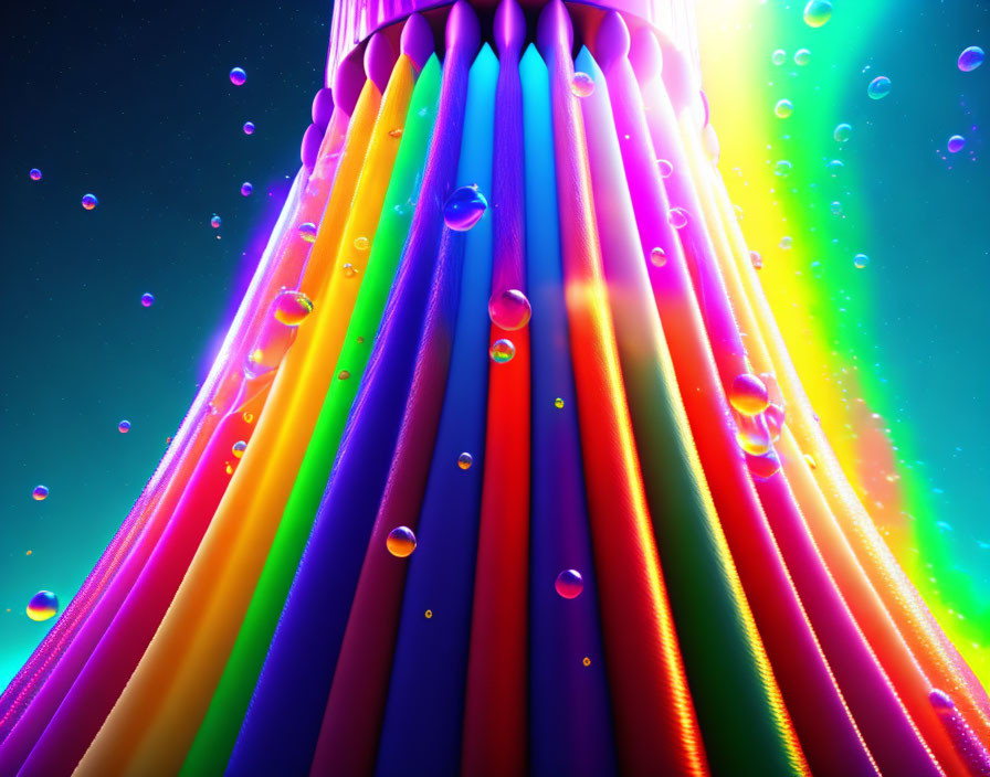 Colorful beams intersecting with floating bubbles on dark background: a vibrant display.