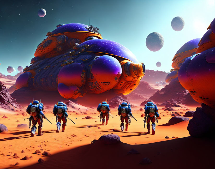 Astronauts explore alien planet with futuristic structures and multiple moons