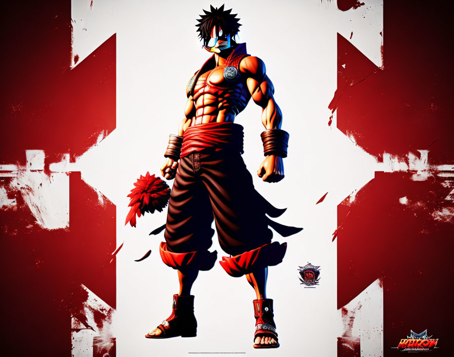Muscular animated character with spiky hair, black trousers, red wristbands, and eye patch