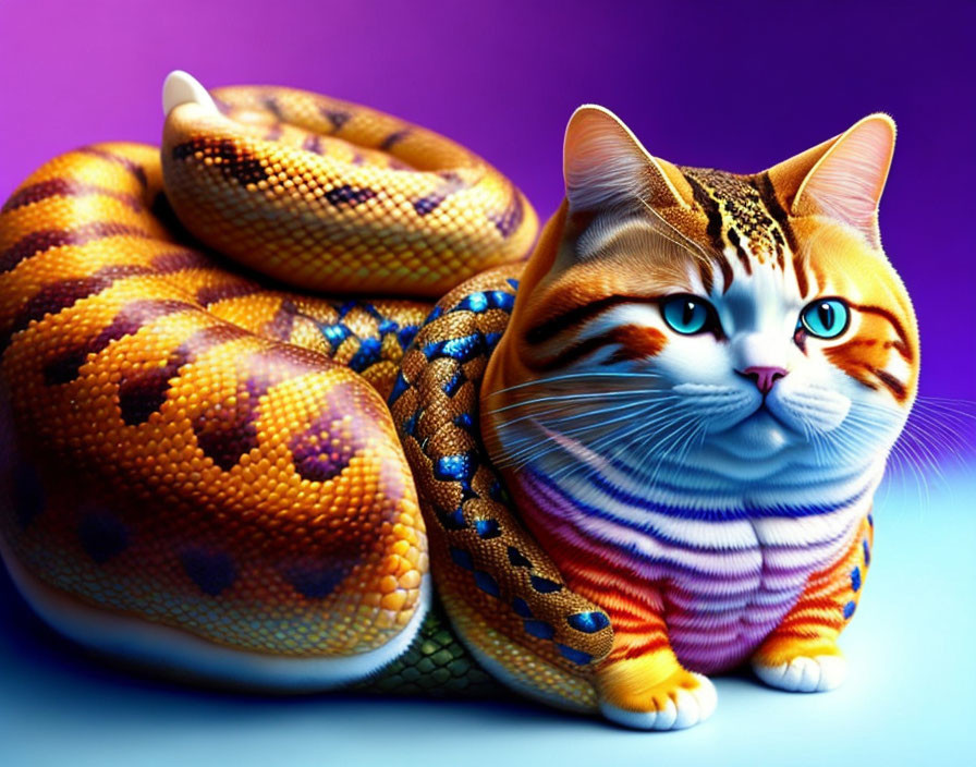 Vibrant tiger-striped cat merges with colorful snake on purple background