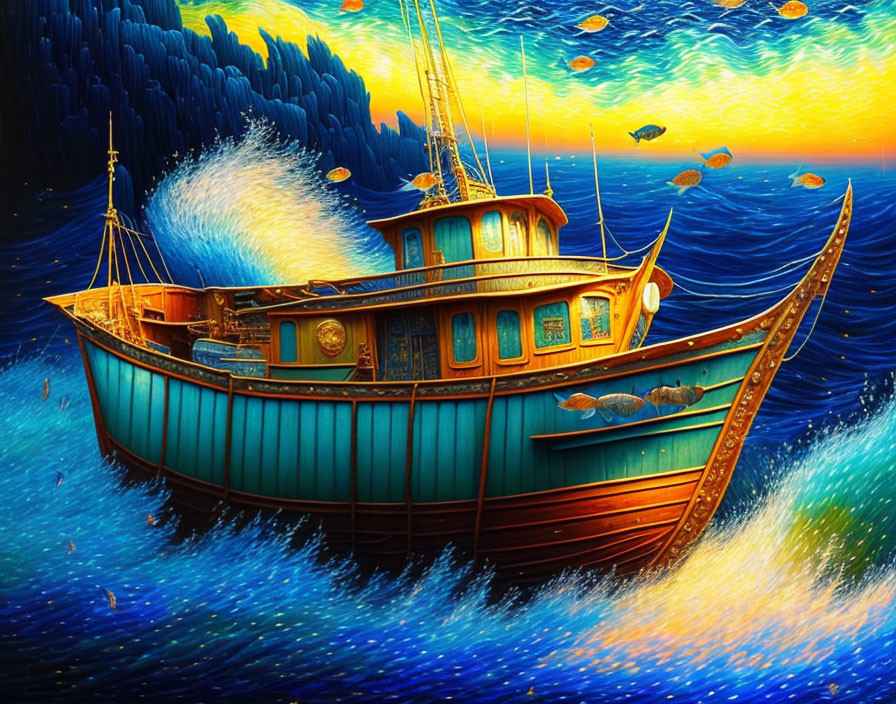Colorful painting of blue fishing boat on ocean waves at sunset with flying fish