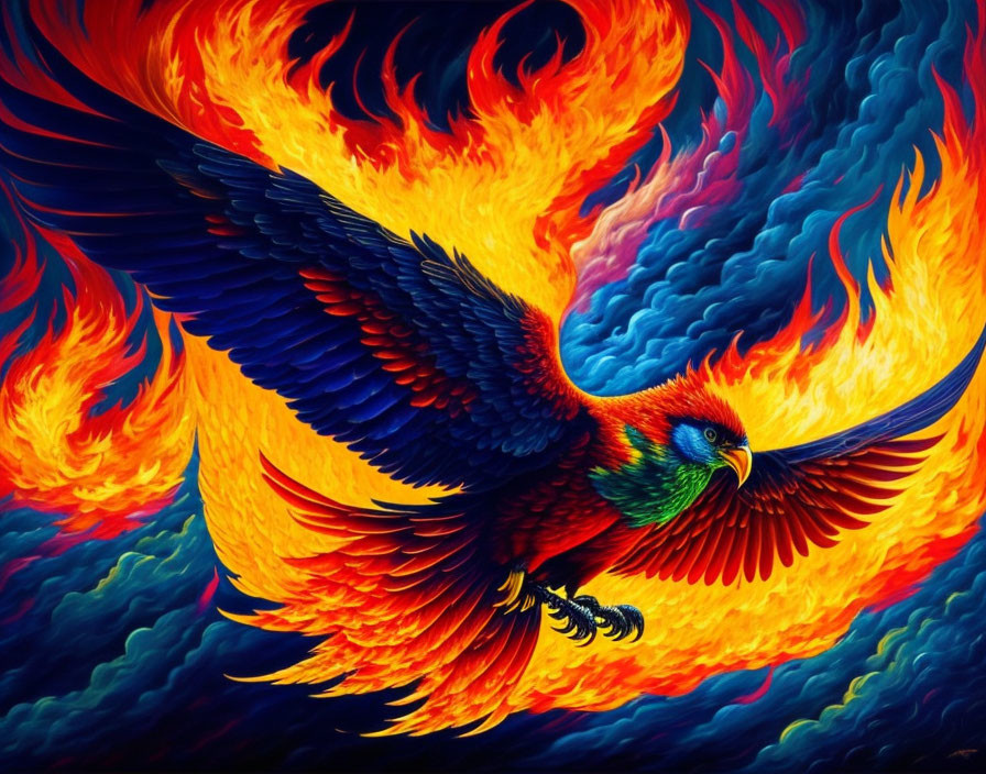 Colorful Phoenix Parrot Artwork with Fiery Waves and Flames