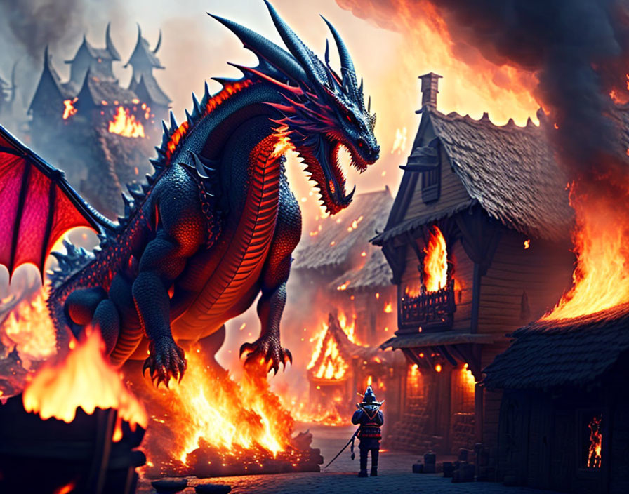 Red dragon and knight in burning village scene.