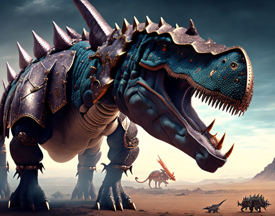 Fantasy-inspired armored dinosaurs in dramatic desert landscape