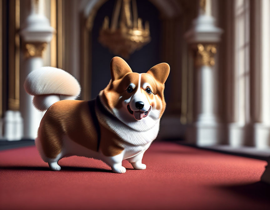 Smiling animated Corgi on red carpet in luxurious room