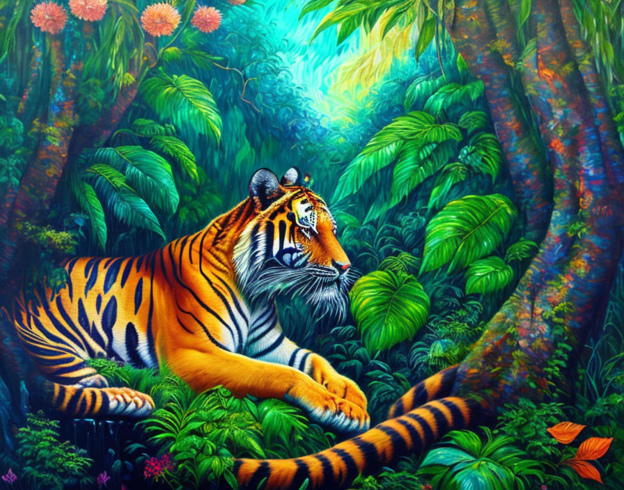 Colorful Tiger in Lush Jungle with Radiant Light Beam
