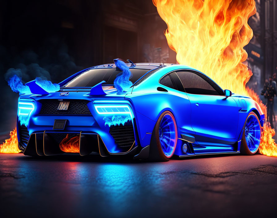 Colorful Digital Artwork: Blue Sports Car with Flaming Wheels in Urban Setting