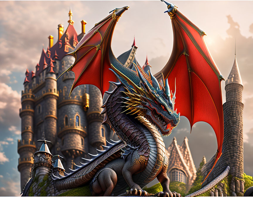 Red-winged dragon and blue-scaled creature by fantasy castle under cloudy sky