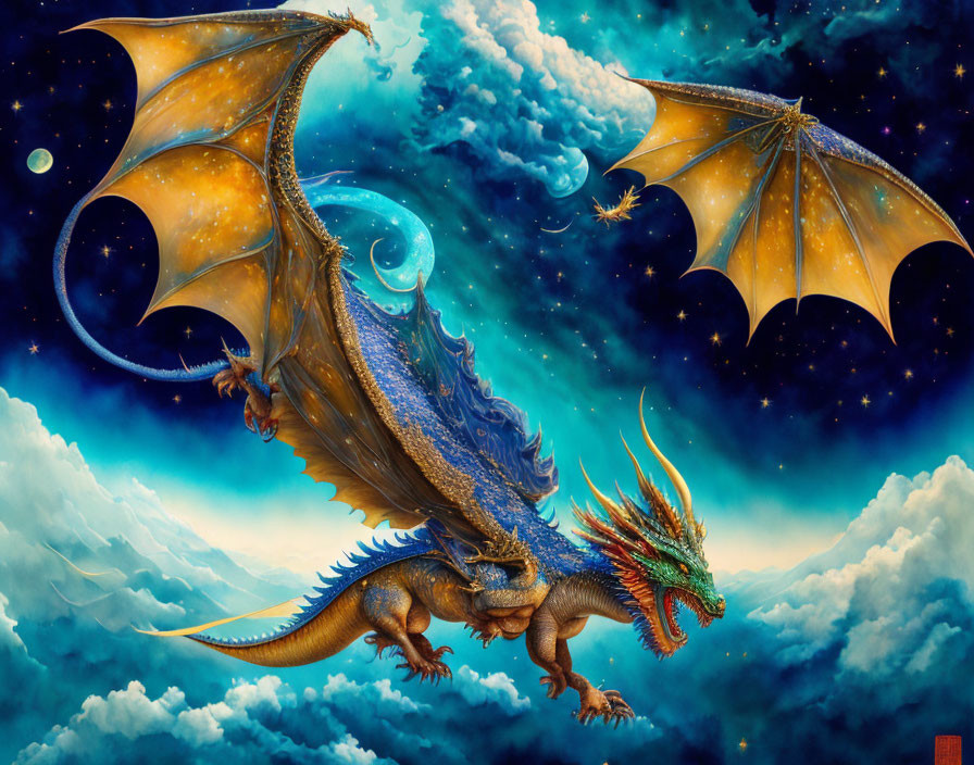 Illustration: Majestic two-headed dragon flying in starry sky.