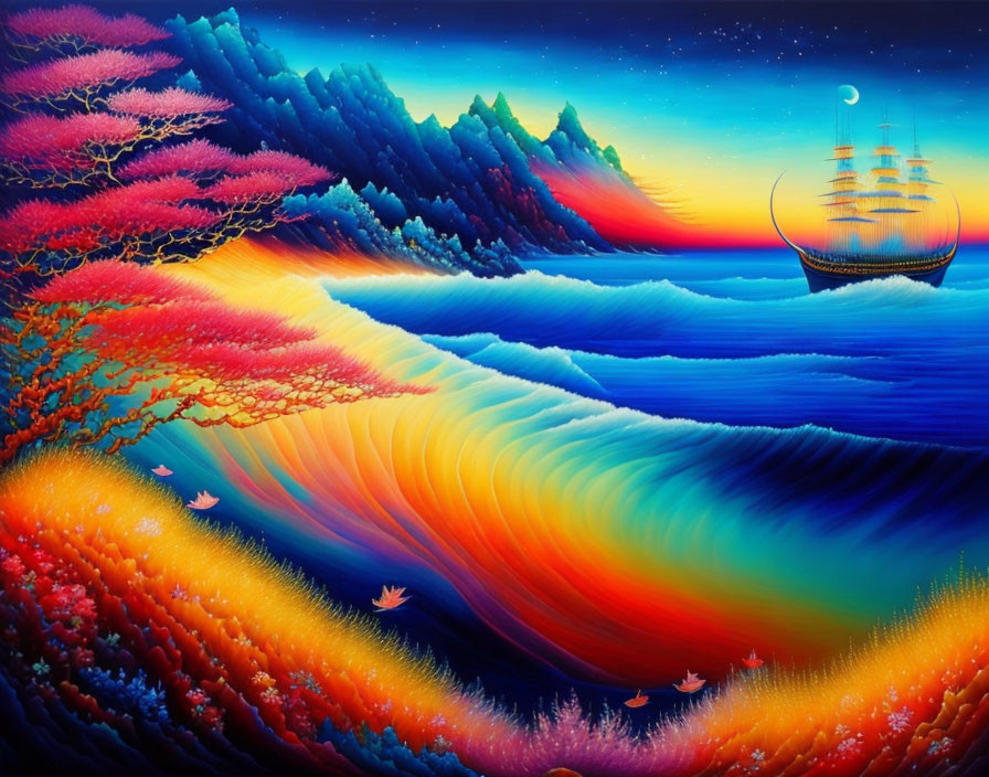 Colorful Surreal Seascape with Rainbow Waves, Moon, Ship, and Trees