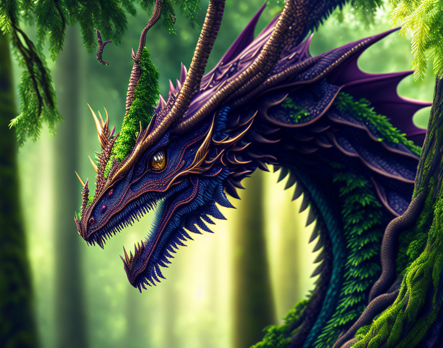 Majestic purple and green dragon in lush mystical forest