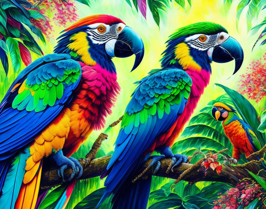 Vibrant Macaws on Branch with Tropical Foliage