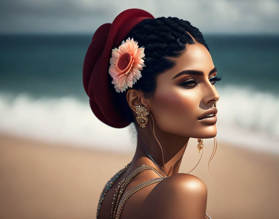 Digital art portrait: Woman with red hat, flower in hair, golden earrings, beach background