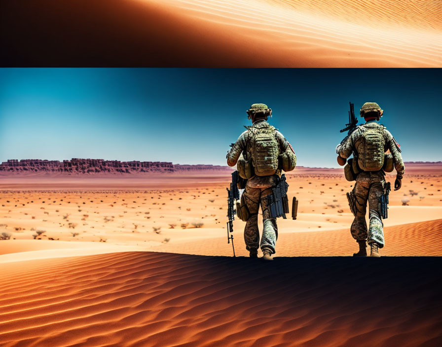 Soldiers in camouflage walking in desert with sand dunes under blue sky