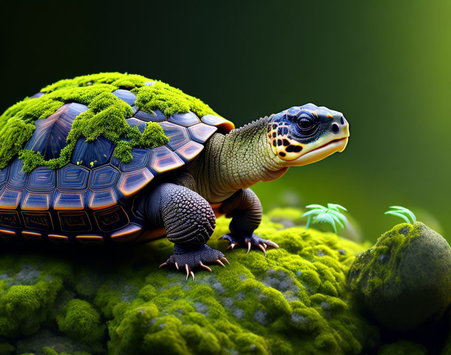 Vibrant green moss-covered turtle on lush surface