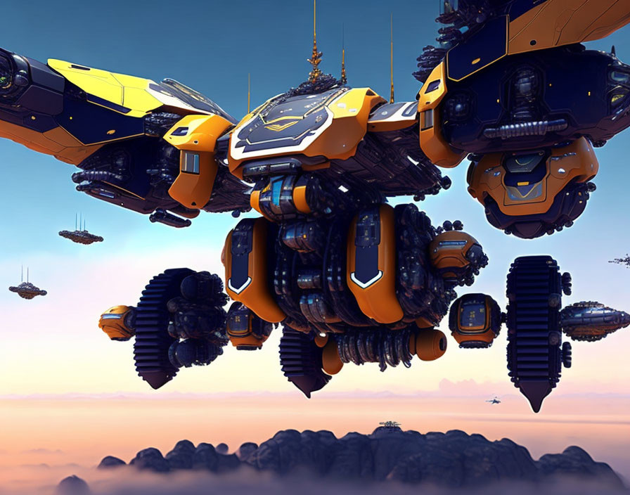 Detailed Futuristic Flying Vessel Over Cloud-Covered Terrain