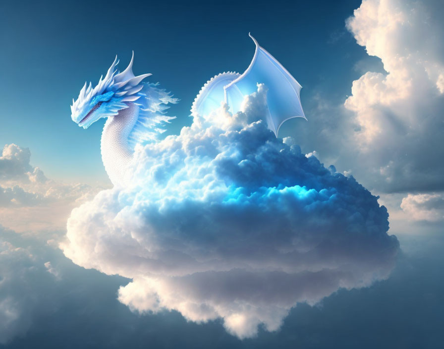 Blue and White Dragon Perched on Cloud in Blue Sky