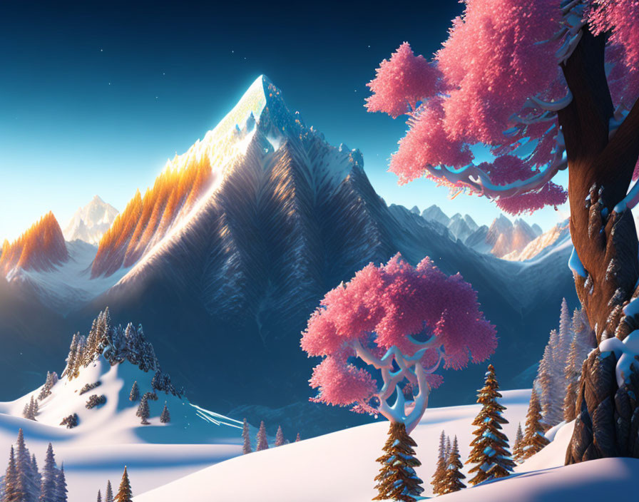 Winter scene: Pink-leaved trees, snowy mountains, blue skies