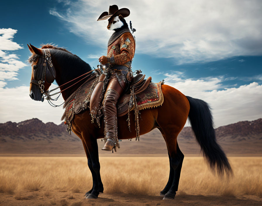 Elaborate Cowboy on Horse in Desert Landscape